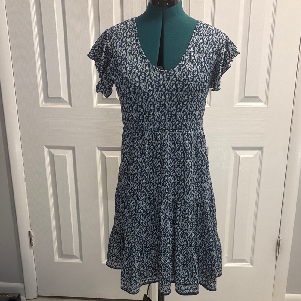 Max Studio Navy and White Floral Print Tiered Dress